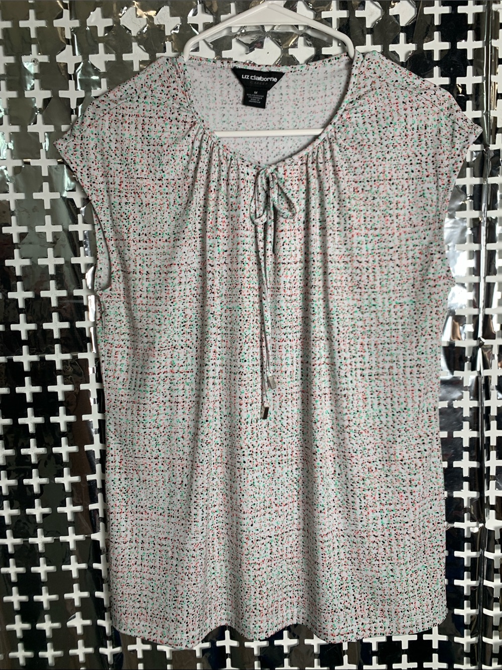 Liz Claiborne Cream Cap-Sleeve Tie-Neck Blouse with Mint and Coral Dot Detail